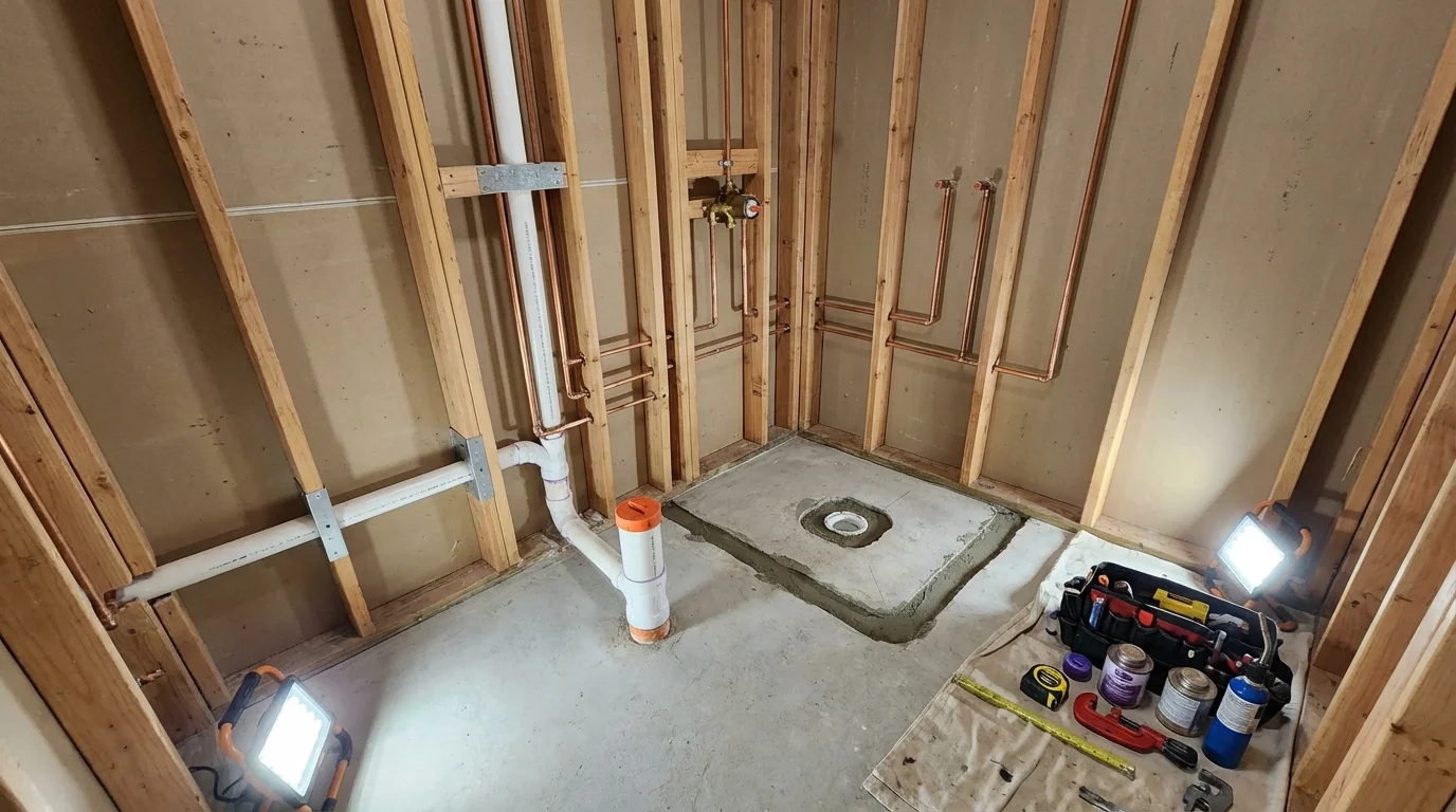 Bathroom rough-in plumbing during remodel by Johns Plumbing LLC in New Braunfels