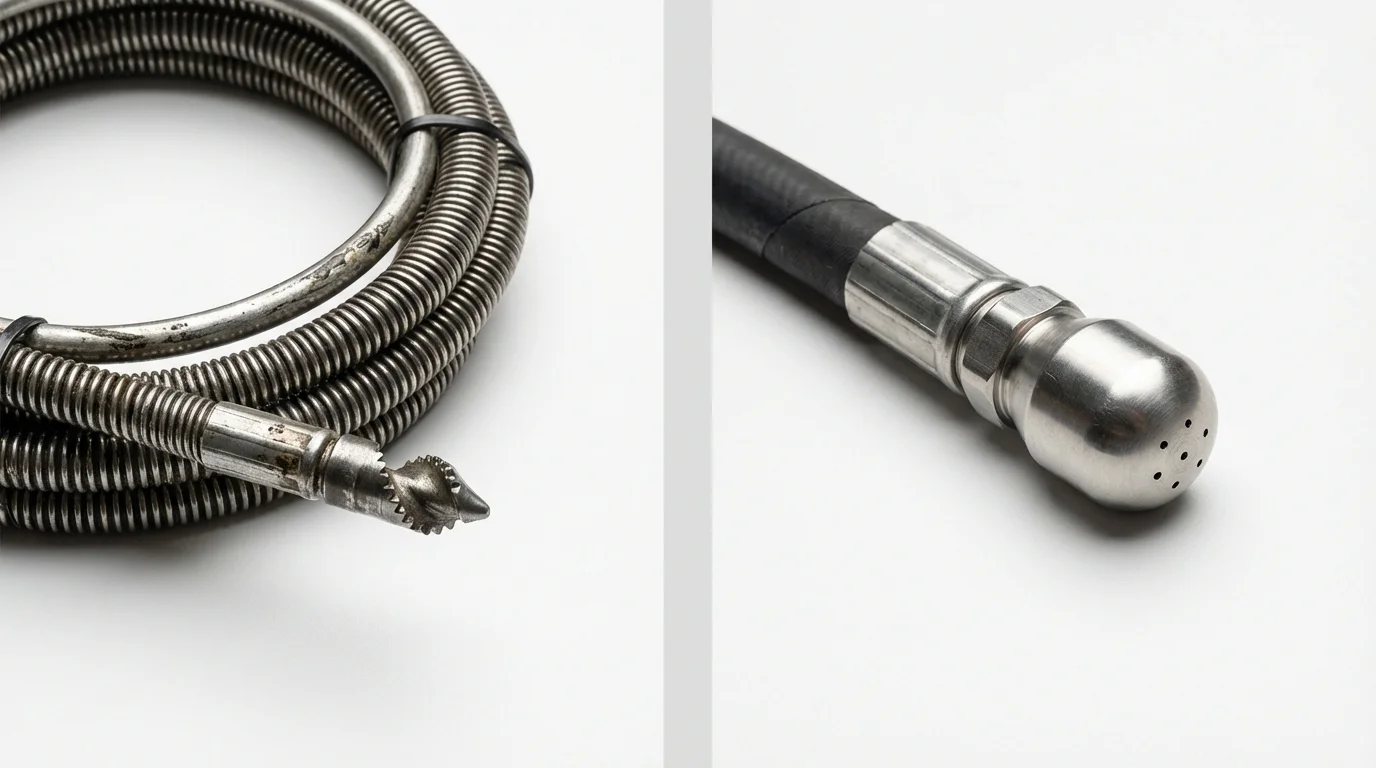 Drain snake cable and hydro jetting nozzle used for drain cleaning in New Braunfels, TX