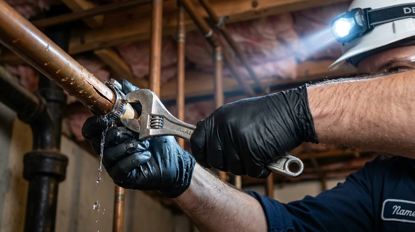Emergency pipe clamp repair being performed by a Johns Plumbing LLC plumber in New Braunfels
