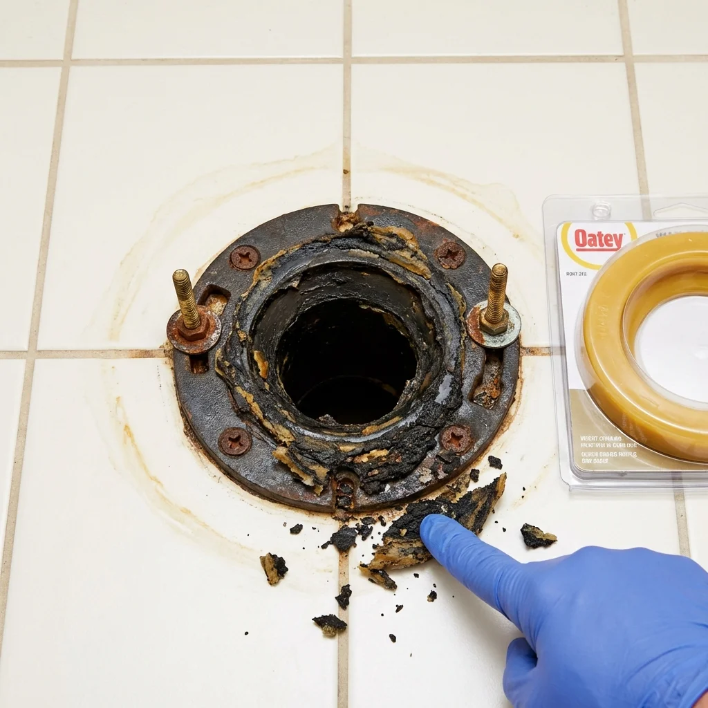 Failed wax ring showing water seepage at the base of a toilet in a New Braunfels, TX home
