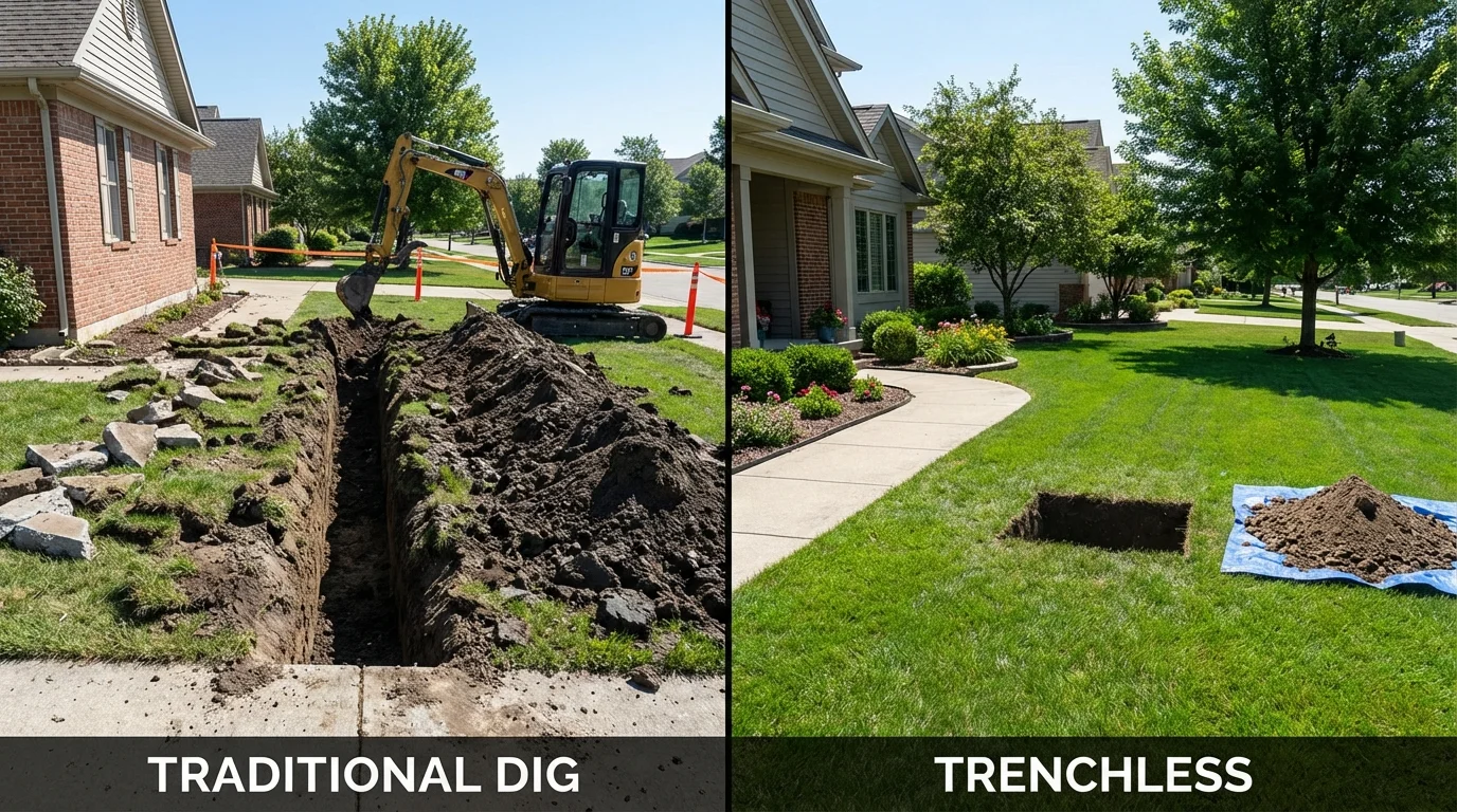 Trenchless sewer repair with minimal yard damage versus traditional excavation in New Braunfels, TX