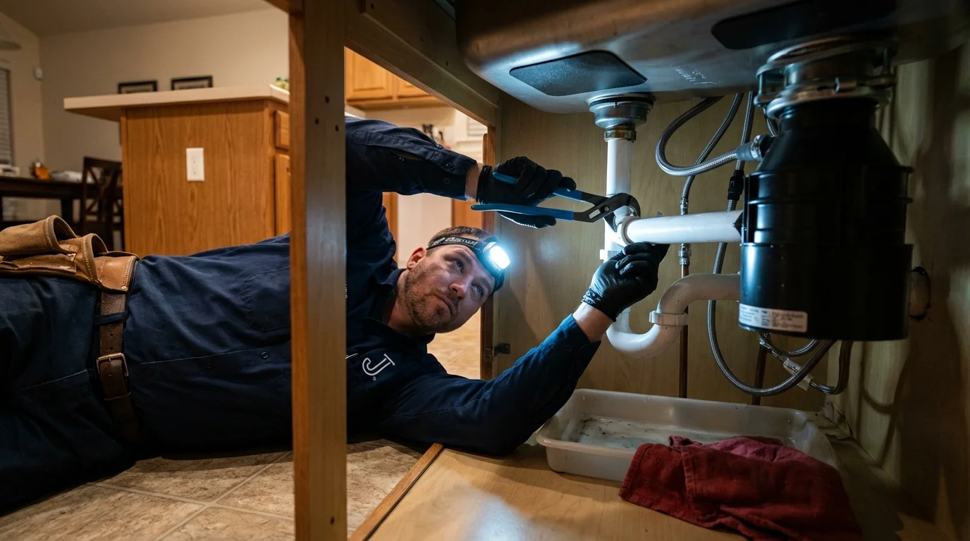 P-trap and supply line connections under a kitchen sink showing a common leak point in New Braunfels, TX
